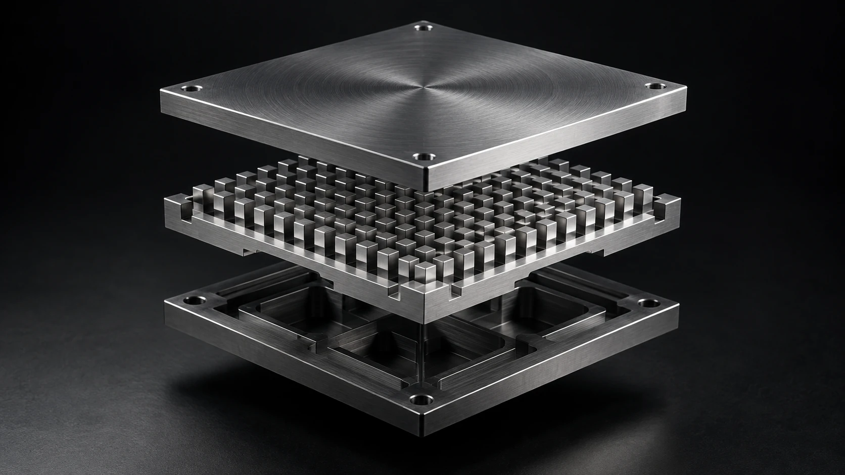 An open assembly of precision metal layers
